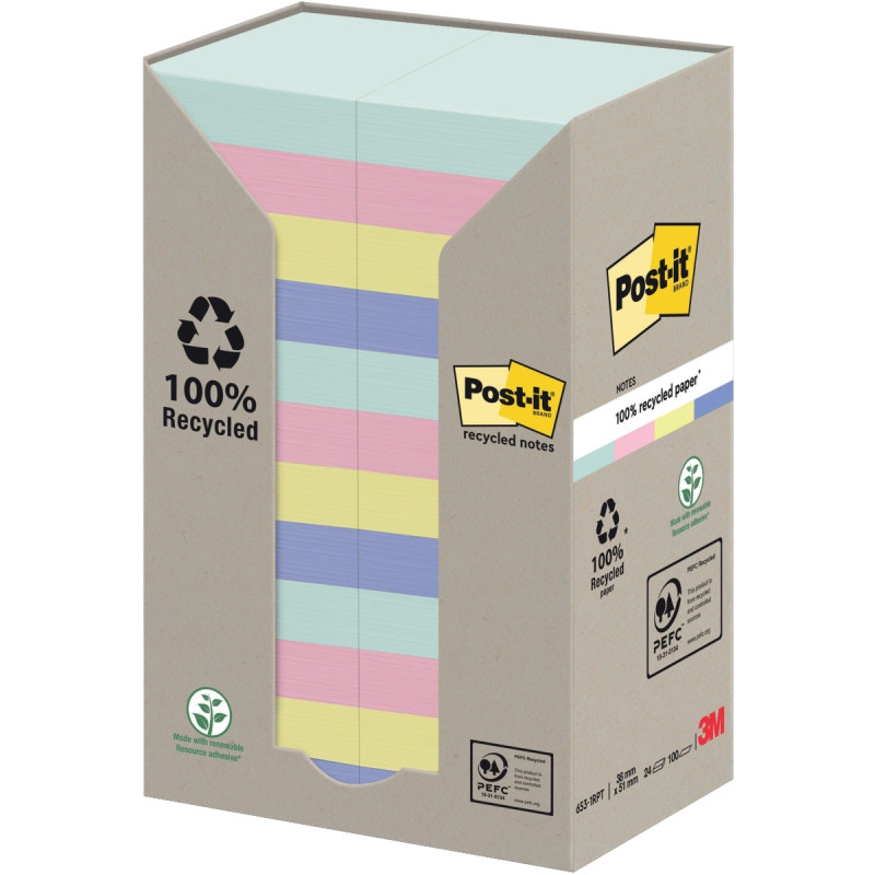 Tour de 24 blocs de 100 feuilles post-it recyclées et repositionnables