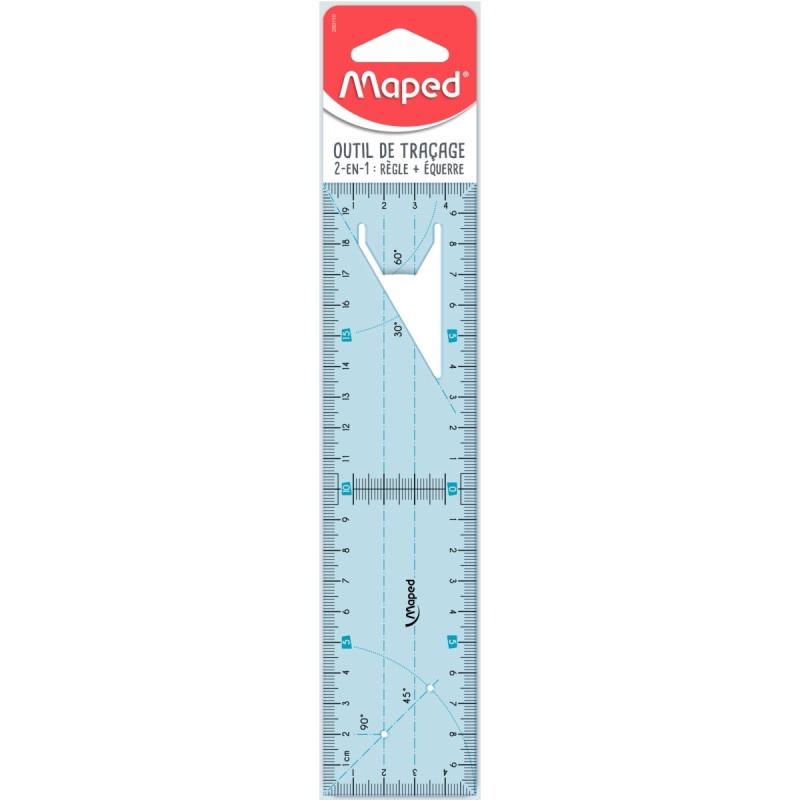 Blister règle équerre 2 en 1 en polypropylène 20cm