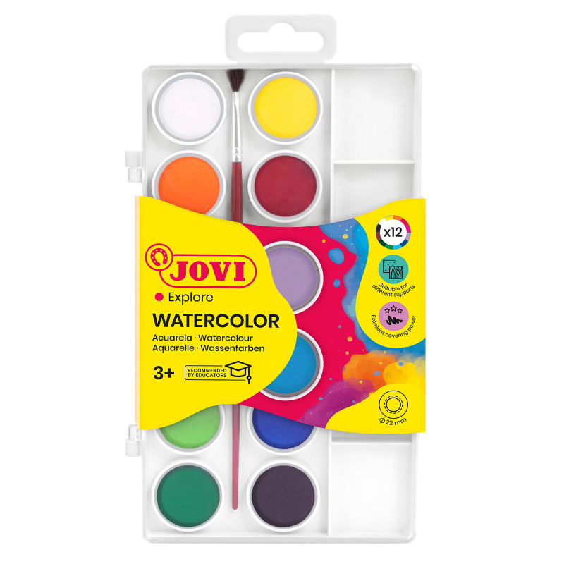 Boîte Aquarelle 12 pastilles 22 mm couleurs assorties + pinceau