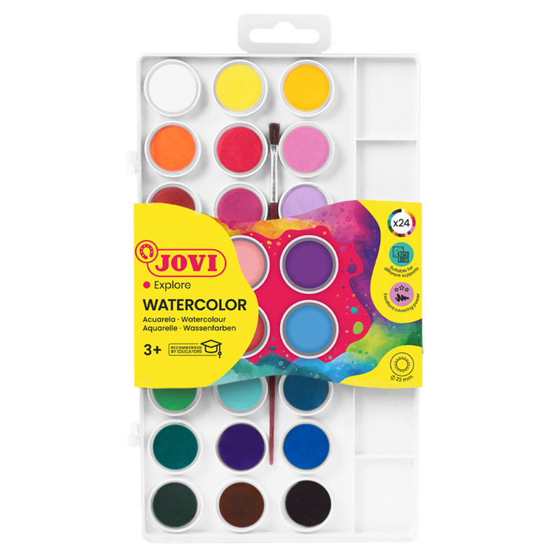 Boîte Aquarelle 24 pastilles 22 mm couleurs assorties + pinceau