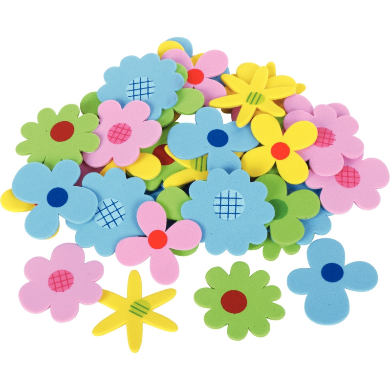 Sachet de 40 fleurs en mousse adhésive couleurs assorties