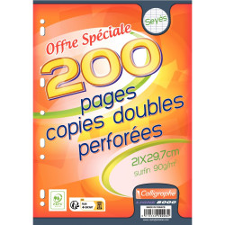 Copies doubles perforées 200 pages 90g, format A4, seyès blanc