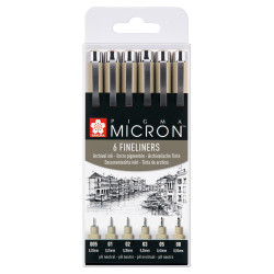 Set de 6 feutres noirs Pigma micron 005/ 01/ 02/ 03/ 05/ 08mm