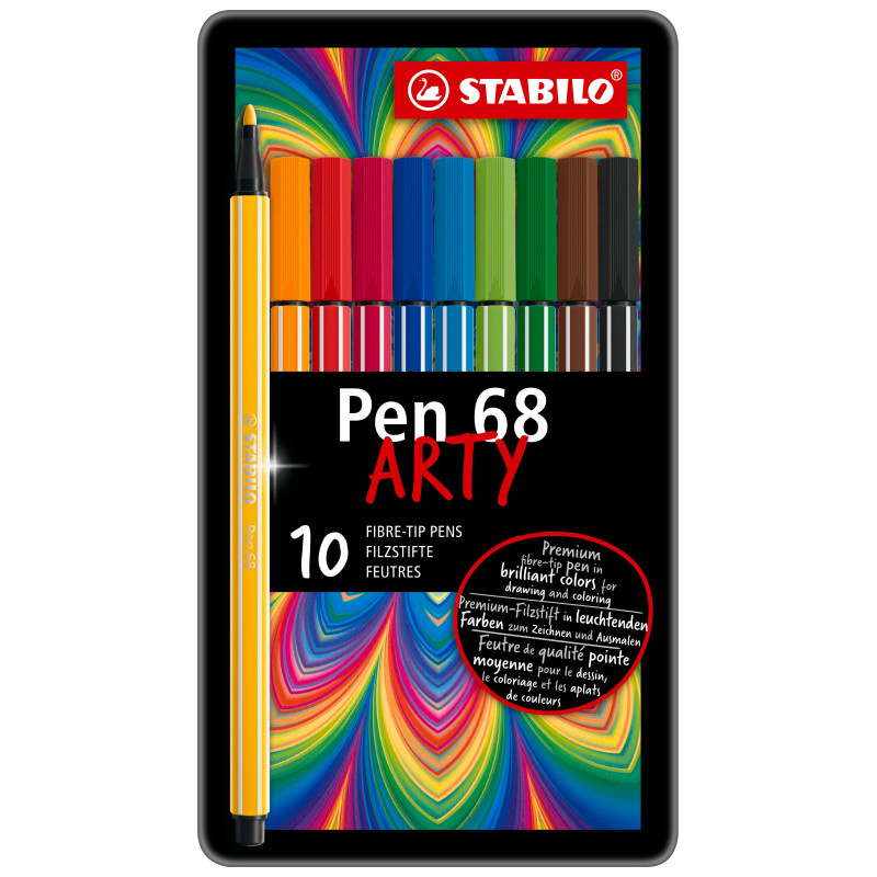 Boîte métal de 10 feutres de dessin pointe moyenne STABILO Pen 68 ARTY