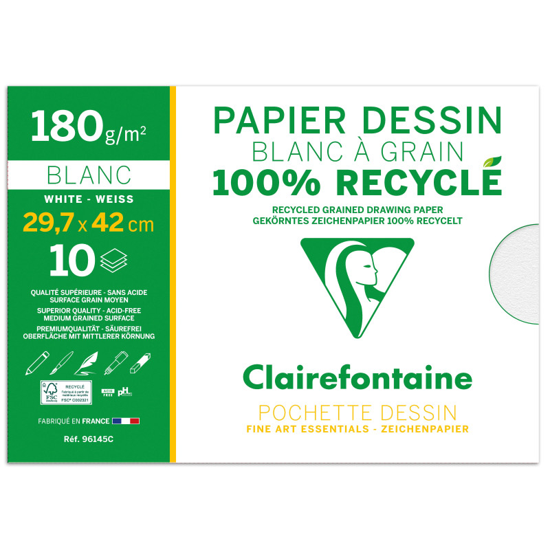 Pochette 10 feuilles papier dessin recyclé à grain A3 - 180 gr/m²