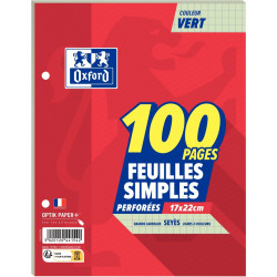 Feuillets mobiles 100 pages OXFORD, format 17x22 cm, seyès vert