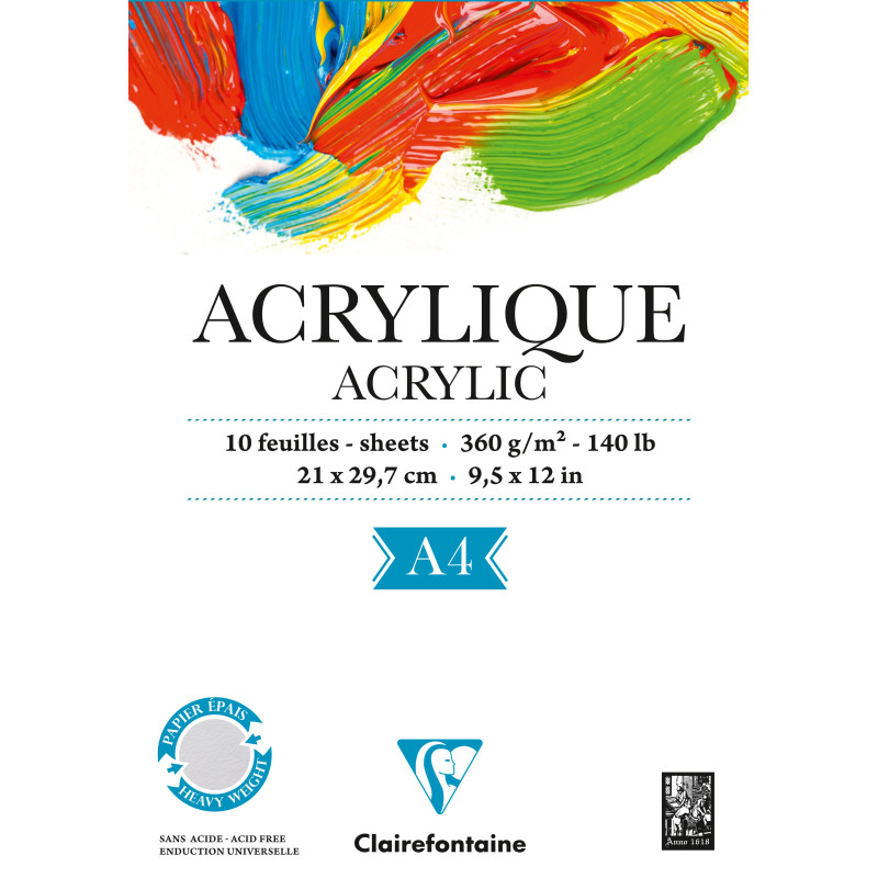 Bloc acrylique - 10 feuilles - 360g/m² - Collé petit côté - format A4