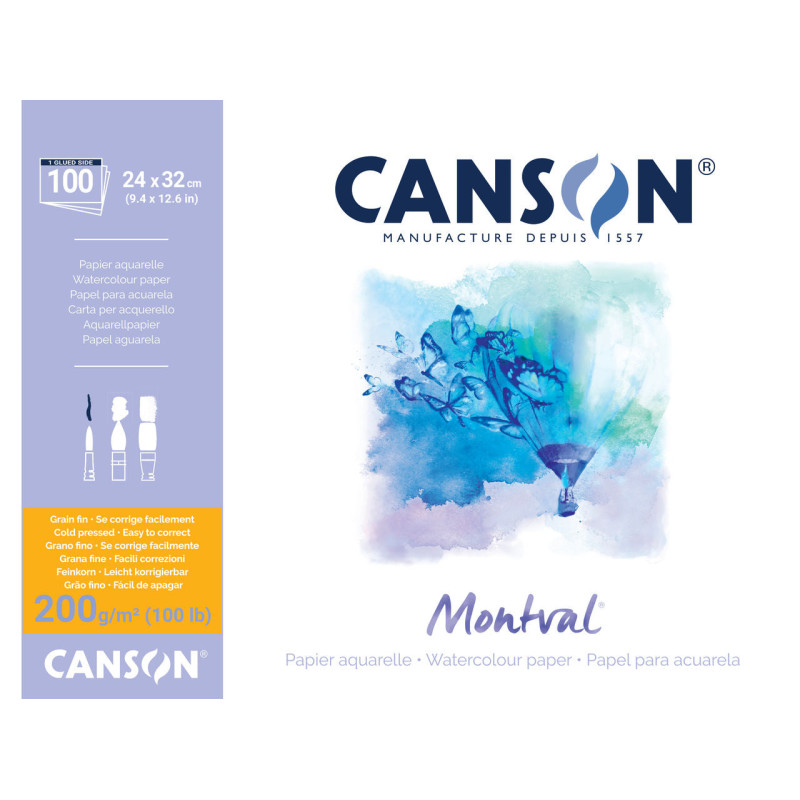 Papier aquarelle Montval grain fin collé grand côté 200g/m² - 100 feui