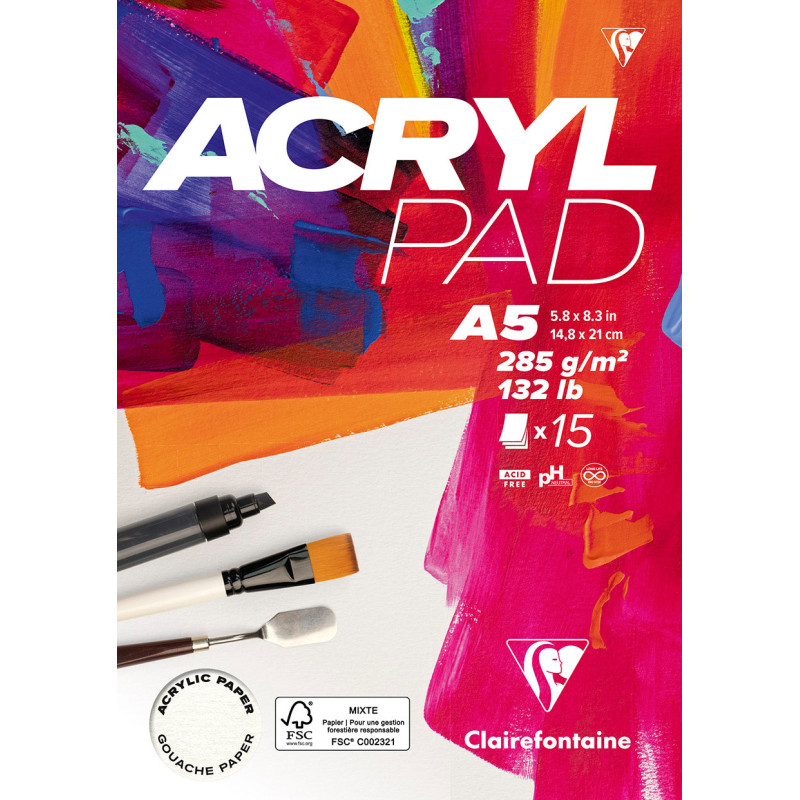 Bloc Acrylpad collé - 15 feuilles - 285 gr - Format A3, A4 & A5 - Form