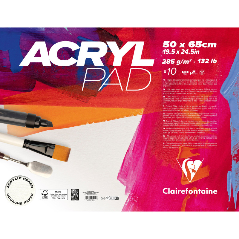 Pochette 10 feuilles Acrylpad 50x65cm 285g/m² - Clairefontaine