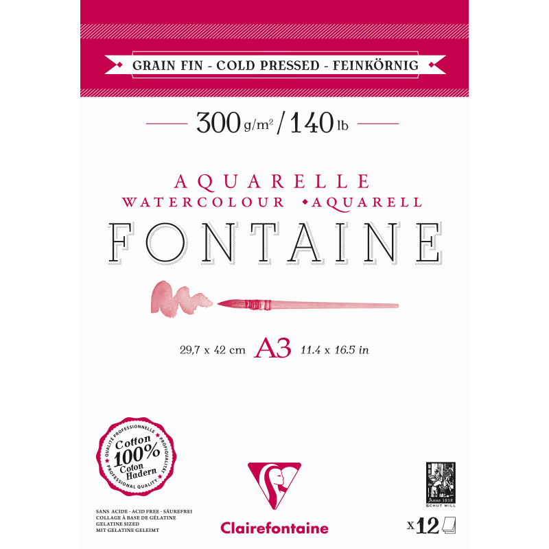 Bloc aquarelle Fontaine Grain fin 300g/m² - 31x41cm 10f 300g Collés 1