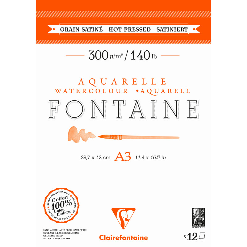 Bloc aquarelle Fontaine Grain Satiné 300g/m² - 30x40cm 12f 300g Spiral