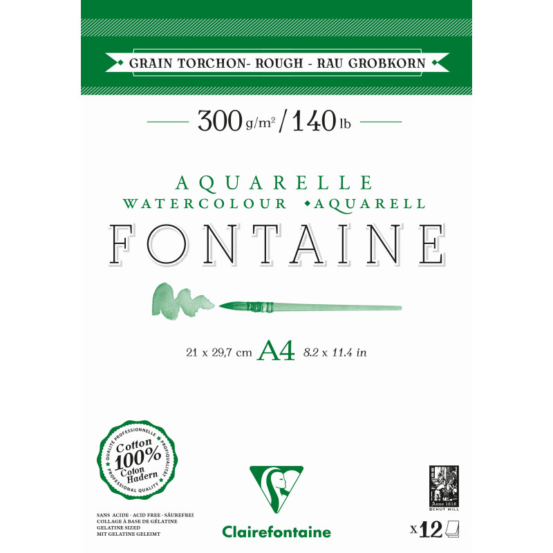 Bloc aquarelle Fontaine Grain Torchon 300g/m² - 12x18cm 300g 12 feuill
