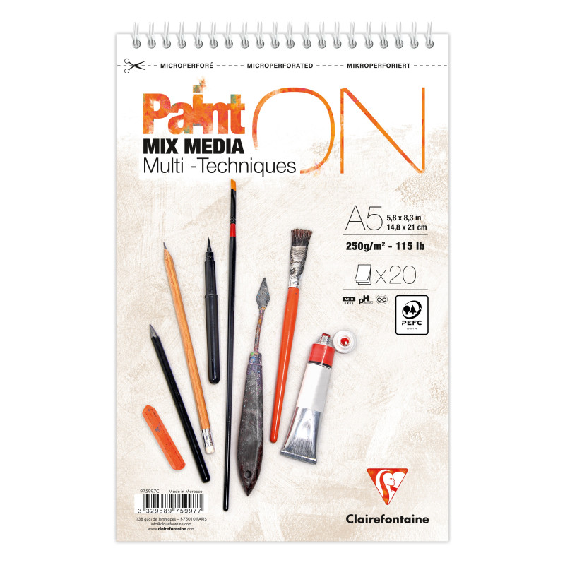 Bloc spiralé PaintON blanc A5+ - 20 feuilles - 250g/m² - Clairefontain