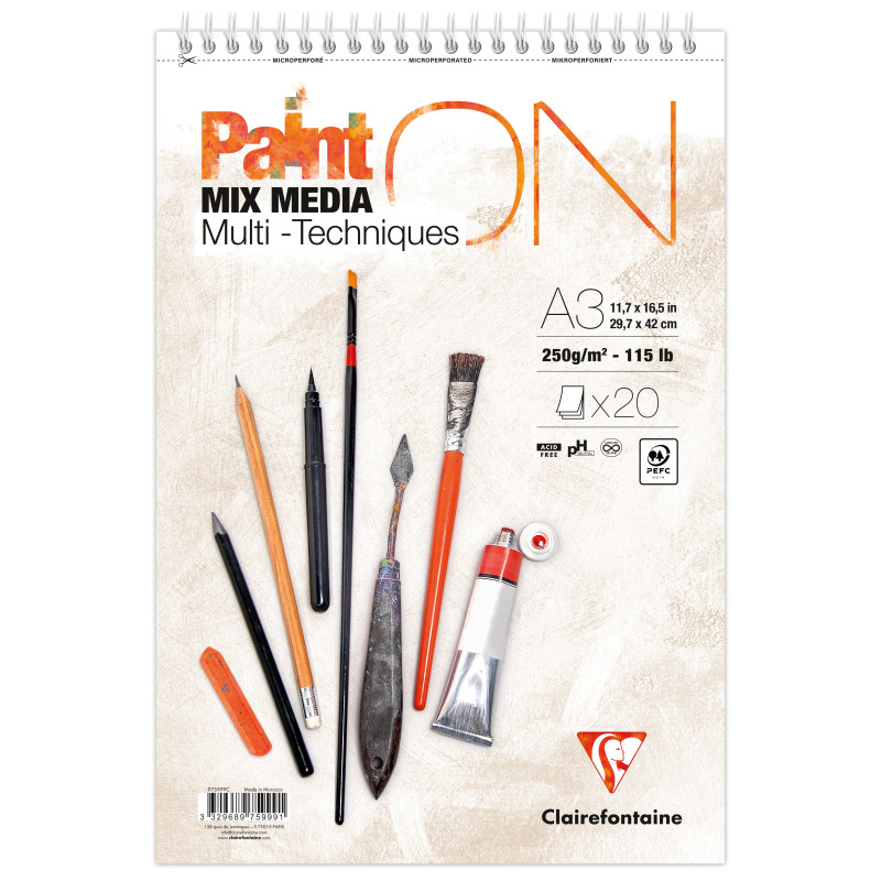 Bloc spiralé PaintON blanc A3+ - 20 feuilles - 250g/m² - Clairefontain