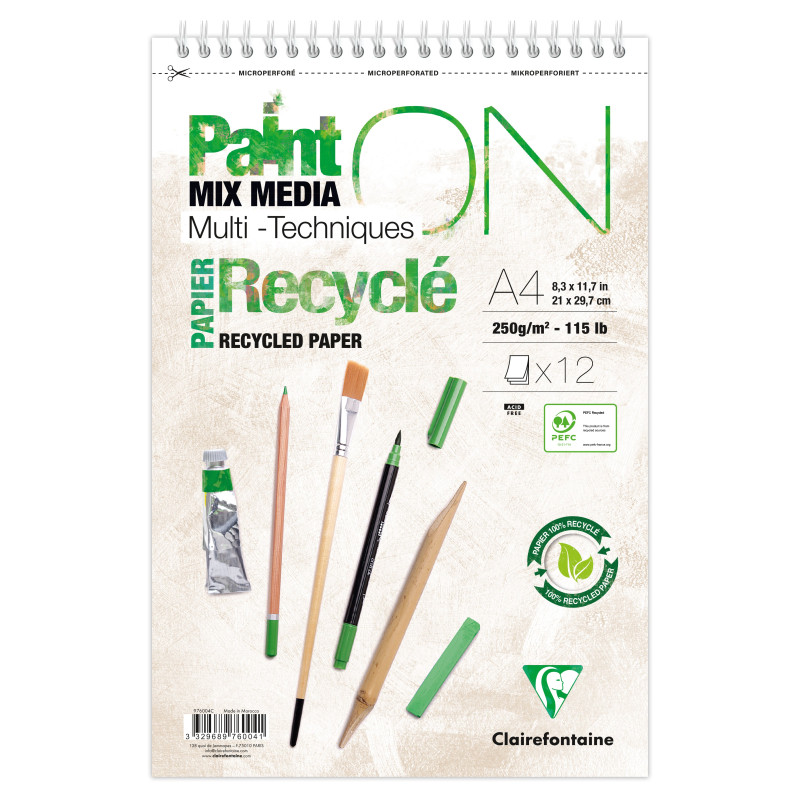 Bloc spiralé PaintON recyclé A4+ - 12 feuilles - 250g/m²