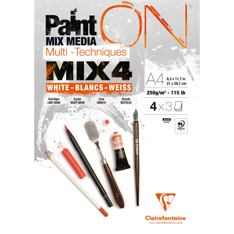 Bloc PaintON 12 feuilles Mix 4 Blancs x3F A4 250g - Clairefontaine