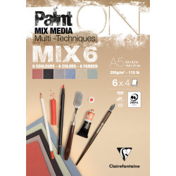 Bloc PaintON MIX6 - 24 feuilles assorties 6x4F A5 250g - Clairefontain