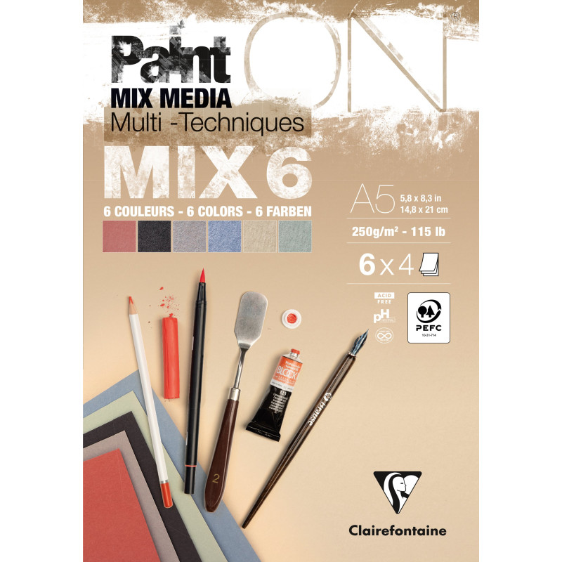 Bloc PaintON MIX6 - 24 feuilles assorties 6x4F A5 250g - Clairefontain
