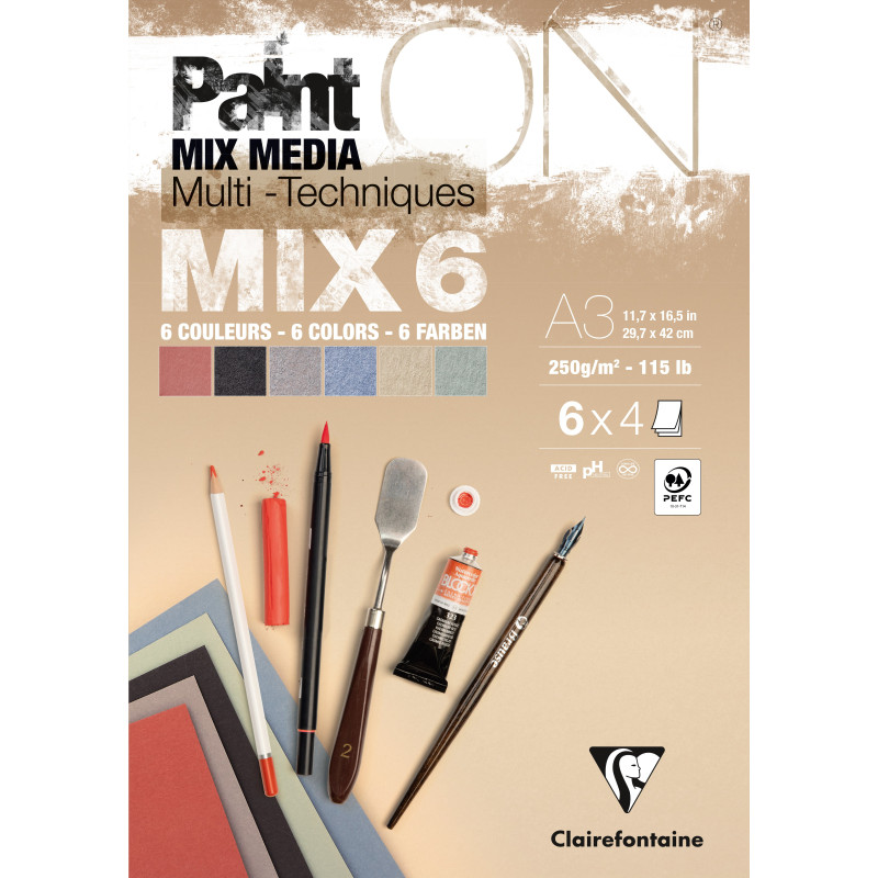Bloc PaintON MIX6 - 24 feuilles assorties 6x4F A3 250g - Clairefontain
