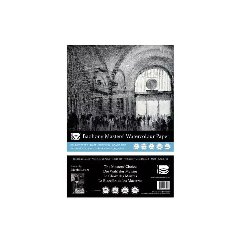 Bloc de papier aquarelle collé 4 côtés Masters Baohong 20x20 300g 20 f