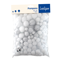 Lot de 200 pompons blancs - 3 tailles différentes - 2 coloris