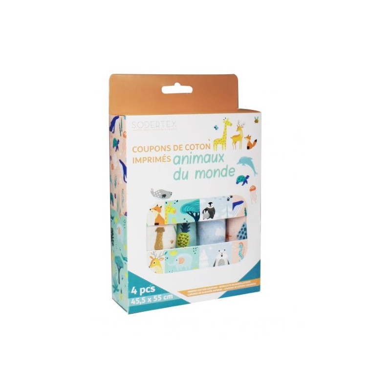 Lot de 4 coupons de tissus imprimés thème Animaux du monde
