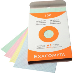 Boîte de 100 fiches bristol quadrilléss 5X5 format 14,8 x 21cm Ass