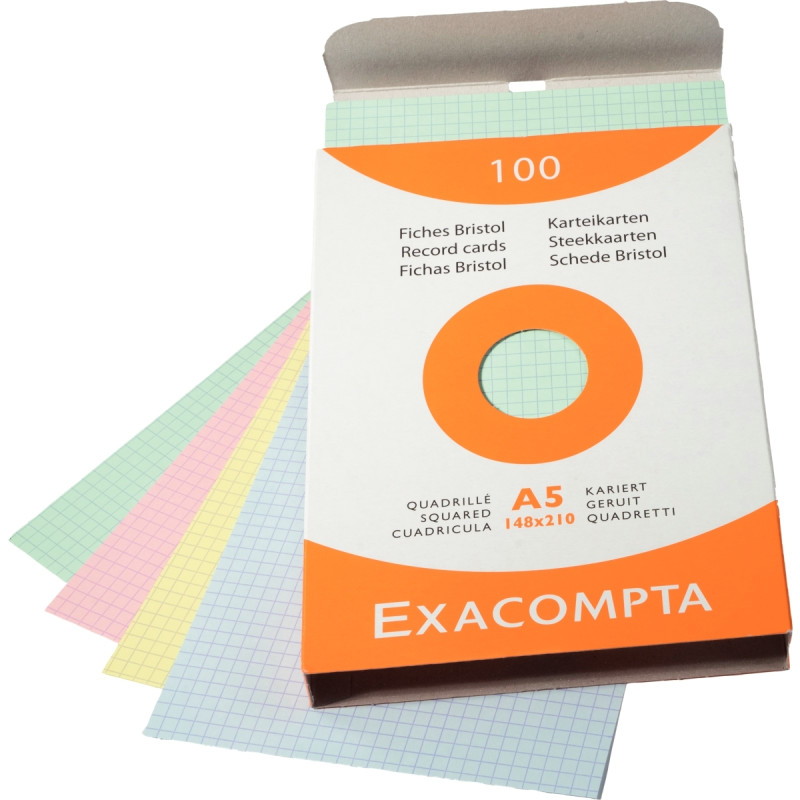 Boîte de 100 fiches bristol quadrilléss 5X5 format 14,8 x 21cm Ass