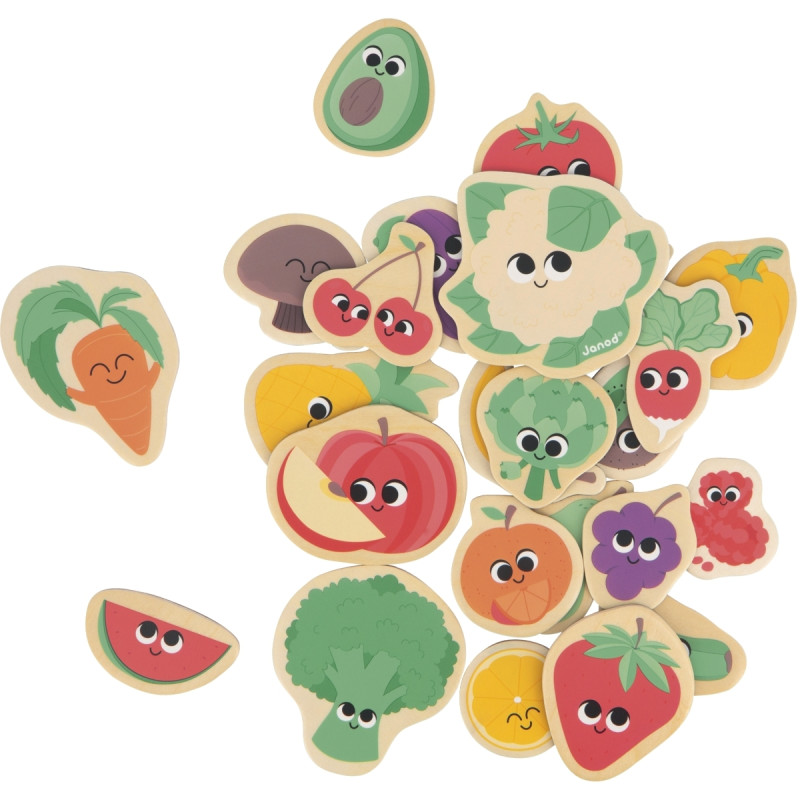 Boite de 24 magnets en bois, fruits et légumes