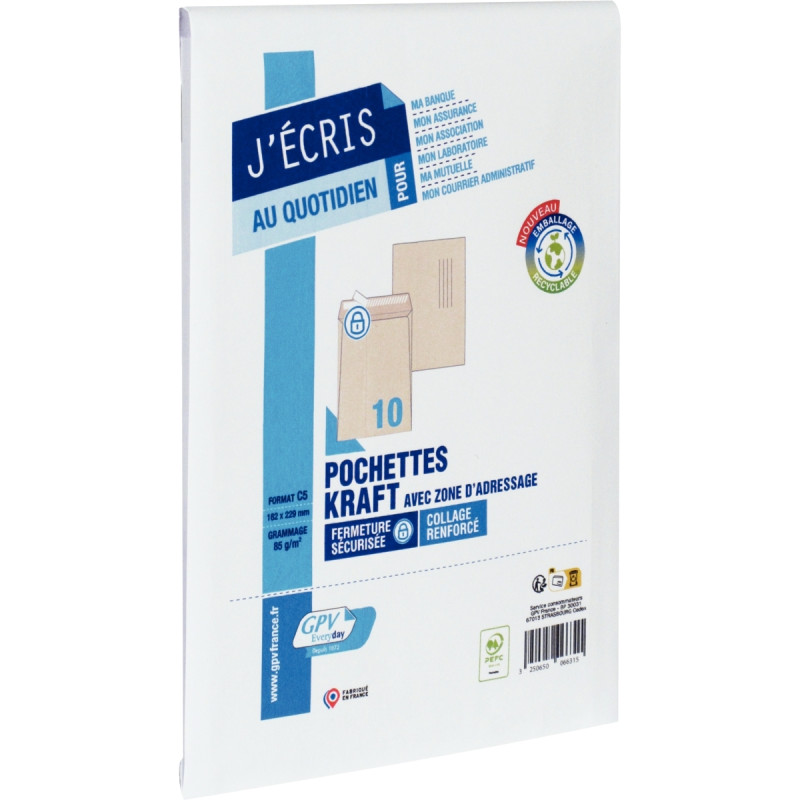 Paquet de 10 pochettes kraft 162x229mm 85g bande siliconée avec zone d
