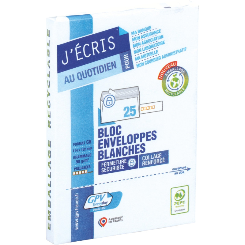 Paquet de 25 enveloppes blanches 114x162mm 90g bande siliconée précasé
