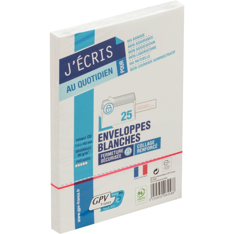 Paquet de 25 enveloppes blanches 114x162mm 90g bande siliconée précasé
