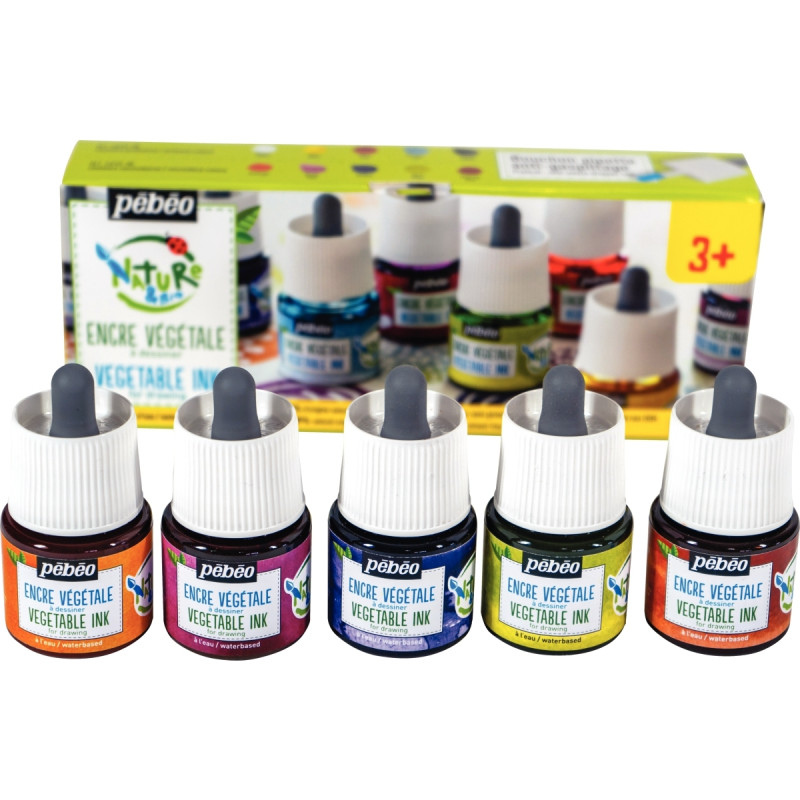 Set de 5 Flacons 45ml d'encre à dessiner végétale, couleurs secondaire