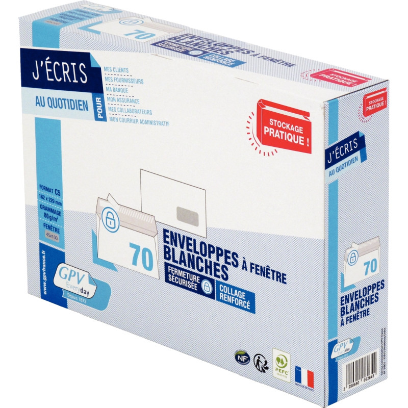 Paquet de 70 enveloppes blanches 162x229mm 80g bande siliconée fenêtre