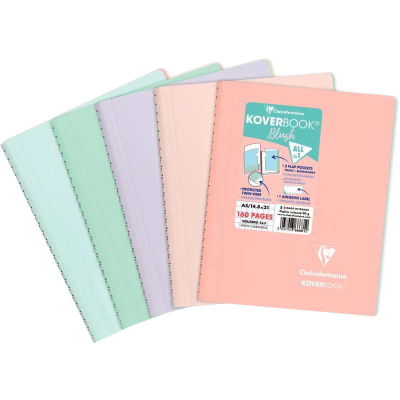Cahier à reliure intégrale 160 pages KOVERBOOK BLUSH, format A5, quadr