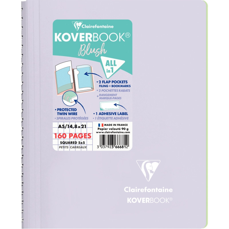 Cahier à reliure intégrale 160 pages KOVERBOOK BLUSH, format A5, quadr