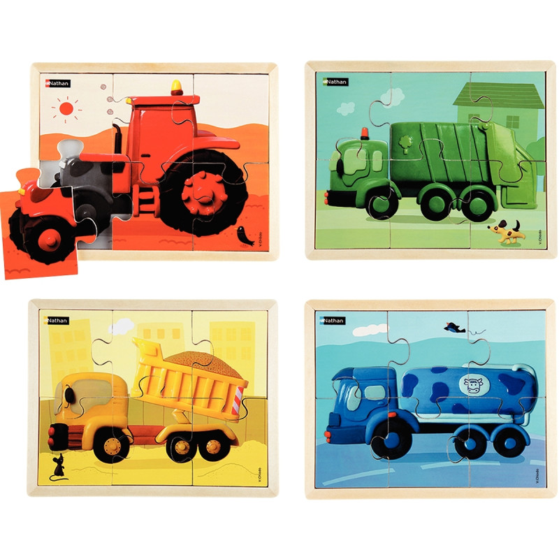 Lot de 4 puzzles, les engins en couleurs