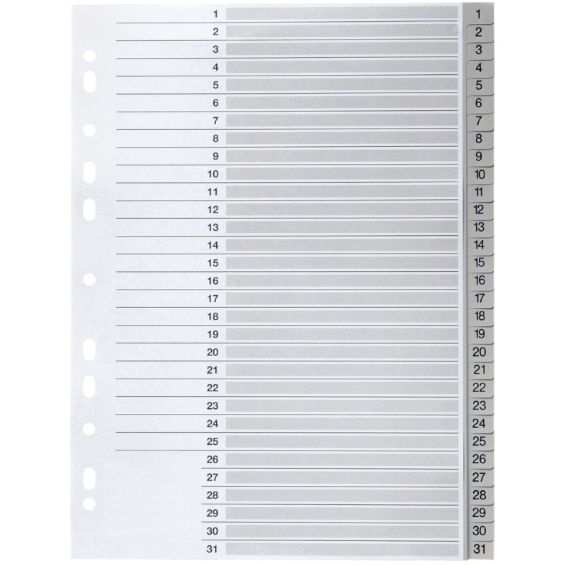 Jeu de 31 intercalaires numériques en polypropylène gris, format A4