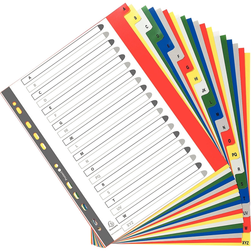 Jeu de 20 intercalaires alphabétiques en polypropylène coloré, format