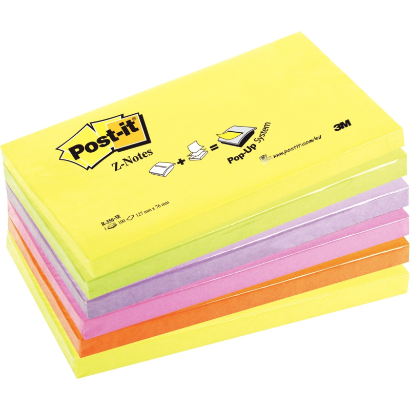 Lot de 6 blocs z-notes repositionnables 76 x 127 mm, couleurs néon ass