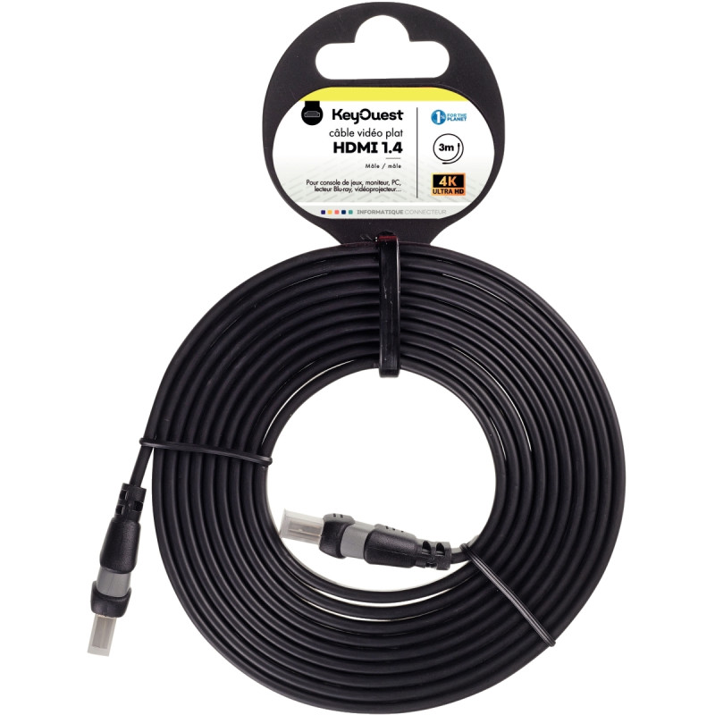 Cordon HDMI 1.4 3m noir plat