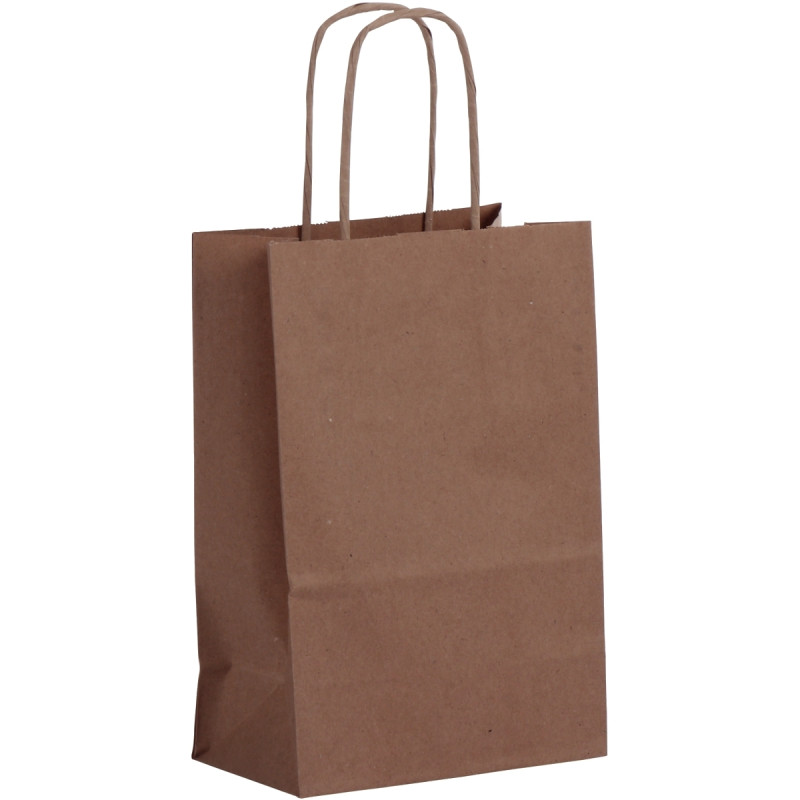 Paquet de 50 sacs kraft brun 14+8x21cm poignées torsadées