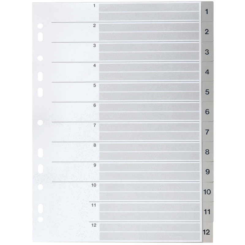 Jeu de 12 intercalaires numériques en polypropylène gris, format A4