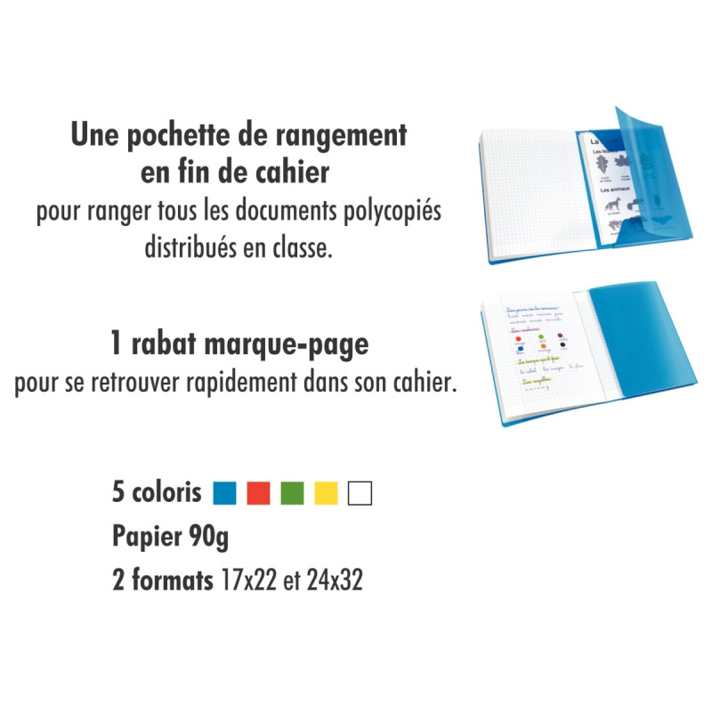 Piqûre 96 pages avec 2 rabats, format 17x22 cm, seyès 90g, couverture
