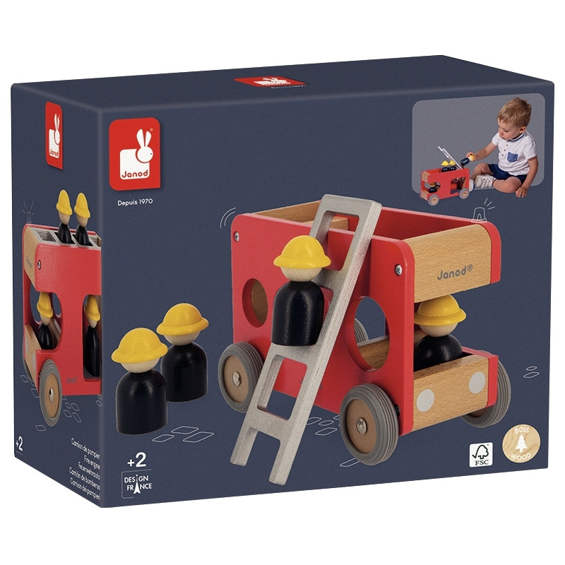 Camion de pompiers en bois avec 4 pompiers