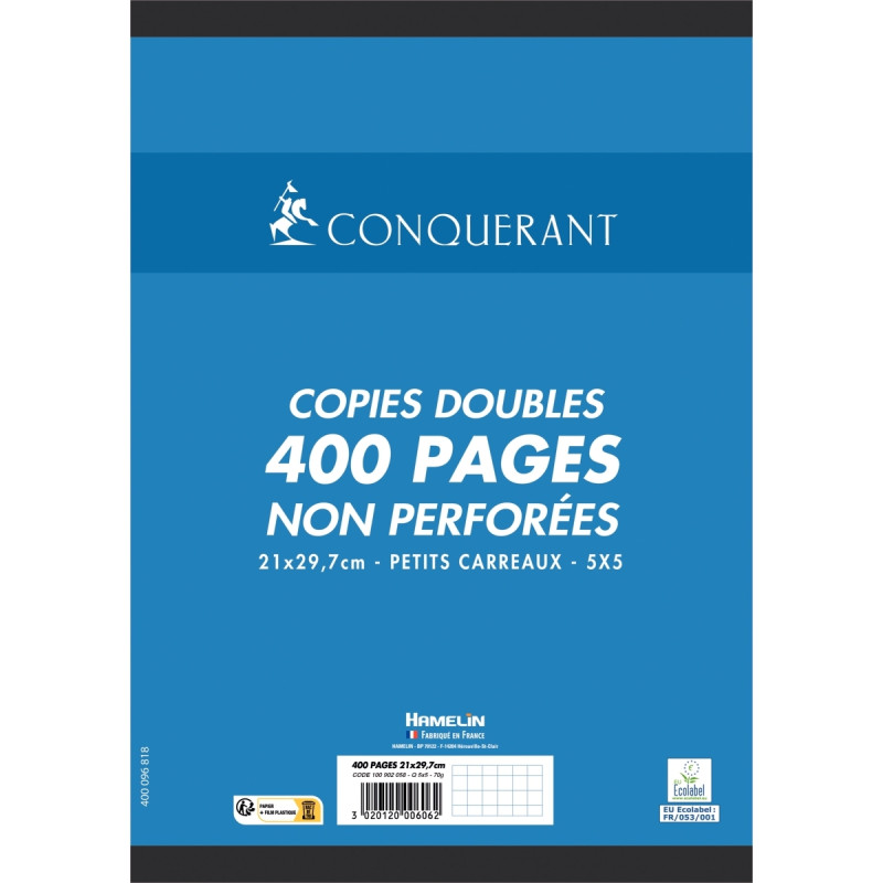 Copies doubles 400 pages non perforées 70g, format A4, quadrillé 5x5