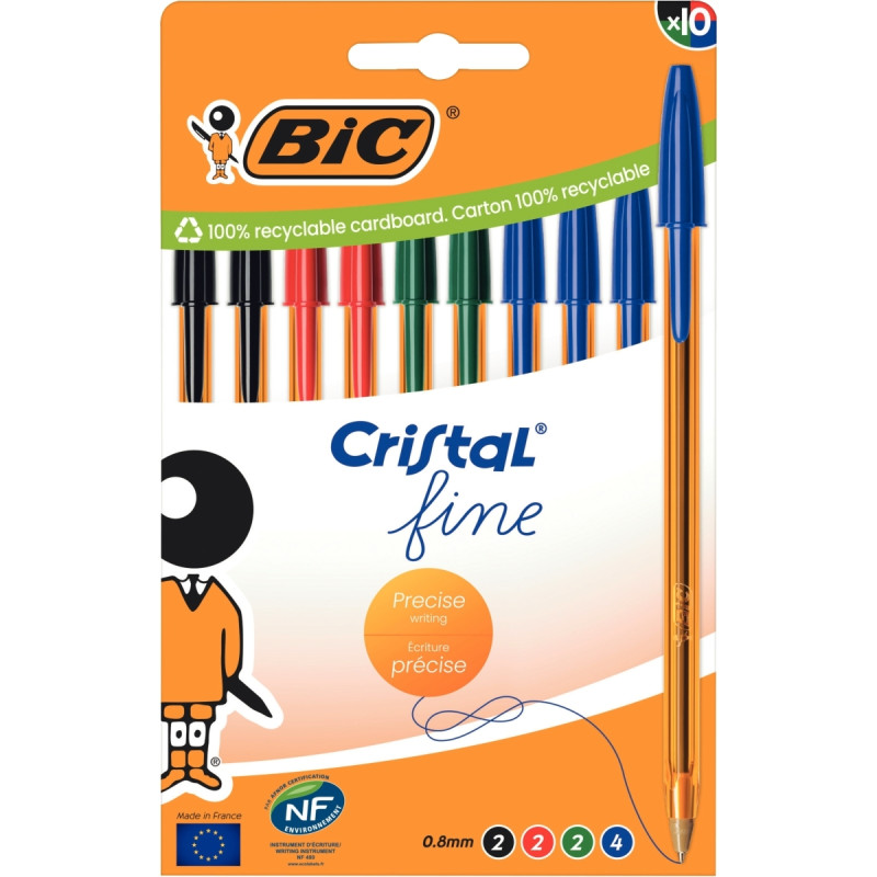 Boîte de 10 stylos bille Cristal pointe fine assortis