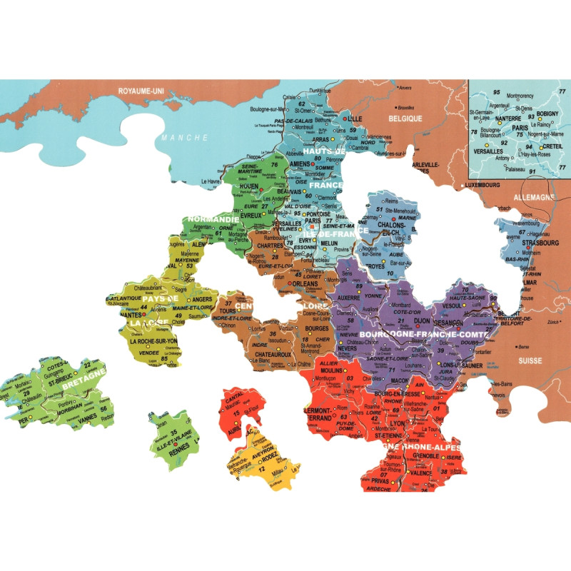 Puzzle en bois d'environ 100 pièces, la carte des départements de Fran