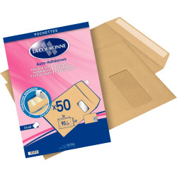 Paquet de 50 pochettes kraft 229x324mm 90g bande siliconée fenêtre 50x